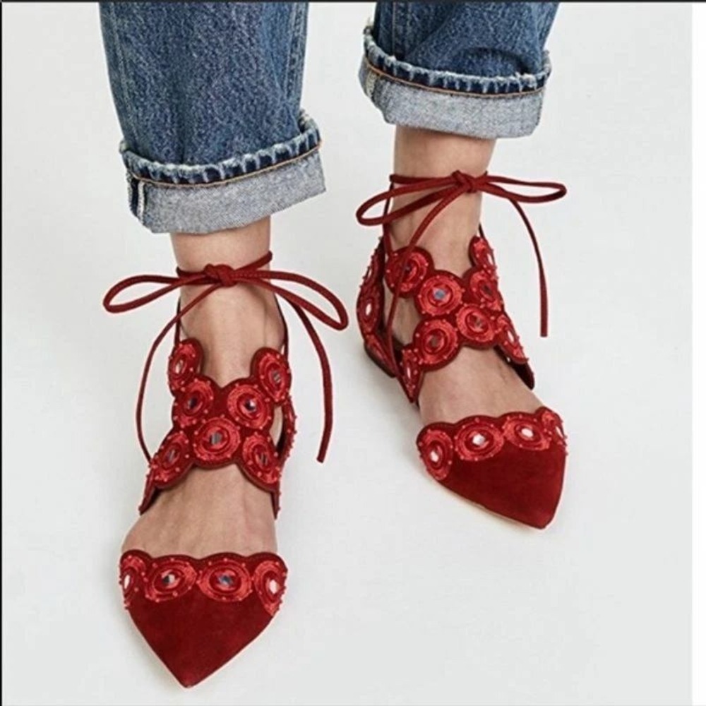 Tory Burch Yasmin D'Orsay Red‎ Suede Flat Size 5 - Picture 2 of 14